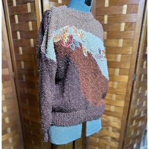 Vintage Sweater Granny Fairy Floral Appliqué Chunky Brown Knit Womens Size L 80s